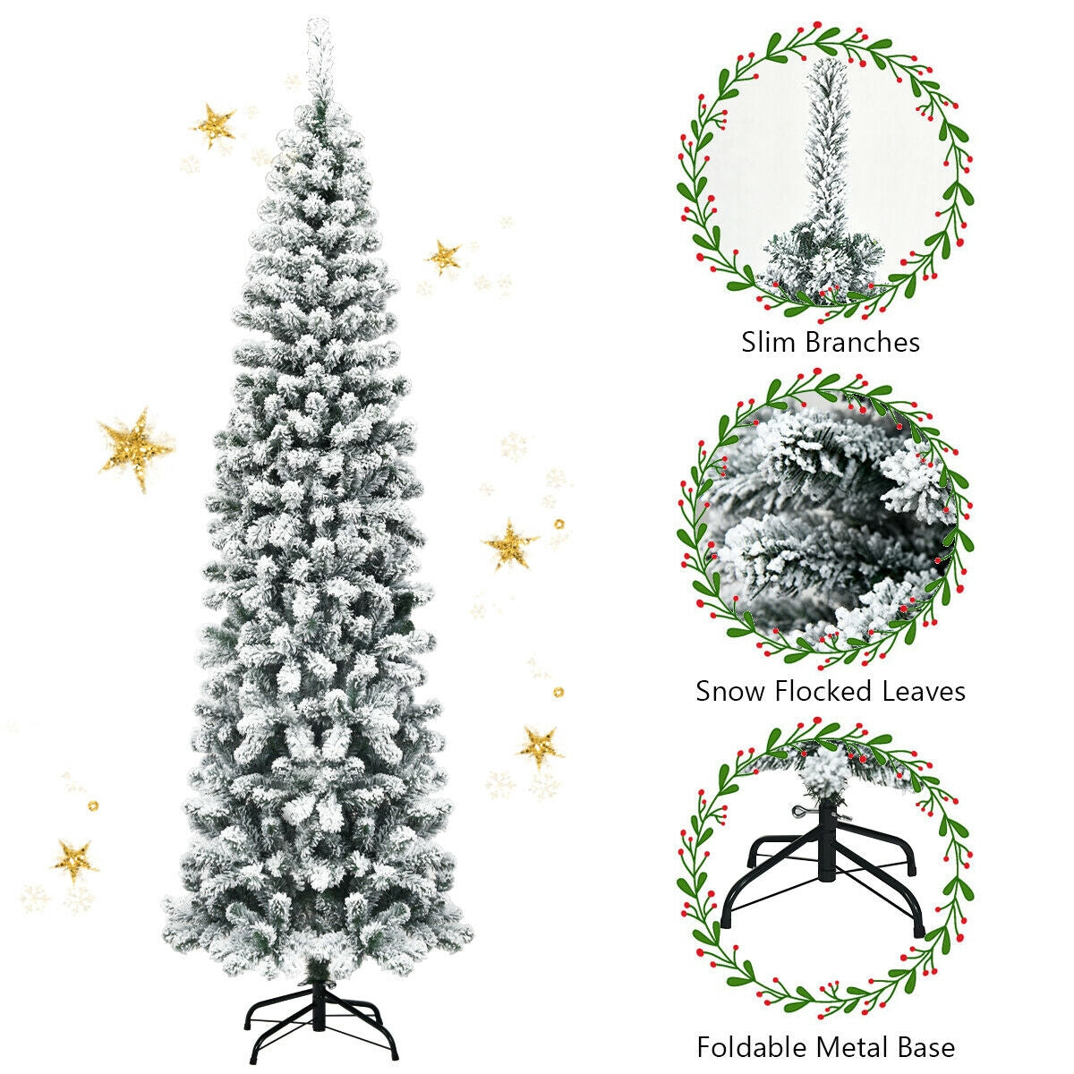 7.5 Feet Unlit Hinged Snow Flocked Artificial Pencil Christmas Tree with 641 TipsÂ