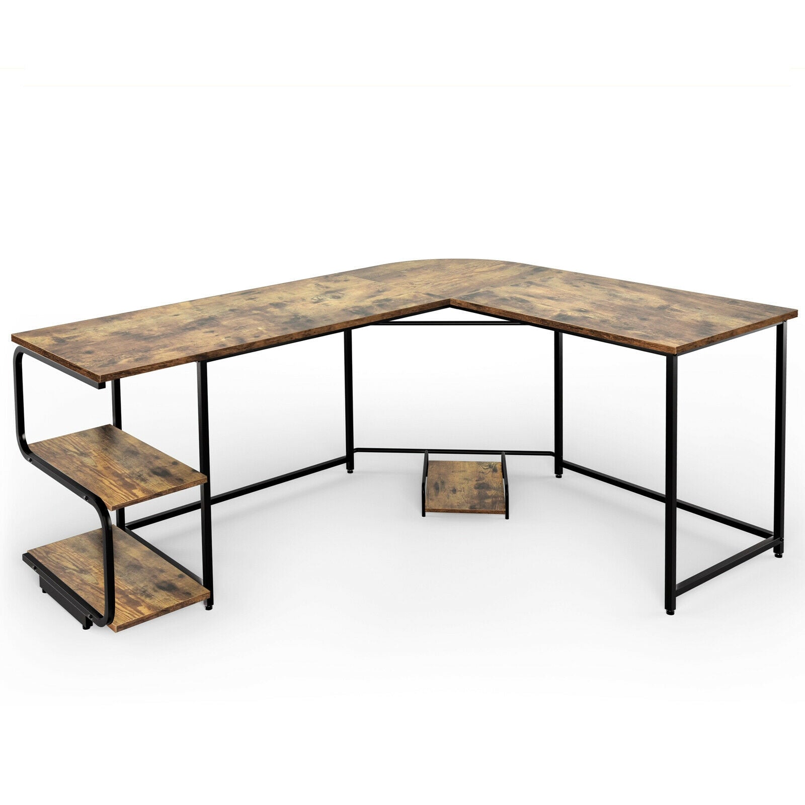 Reversible L-Shaped Computer Study Table with Shelves-Rustic BrownÂ