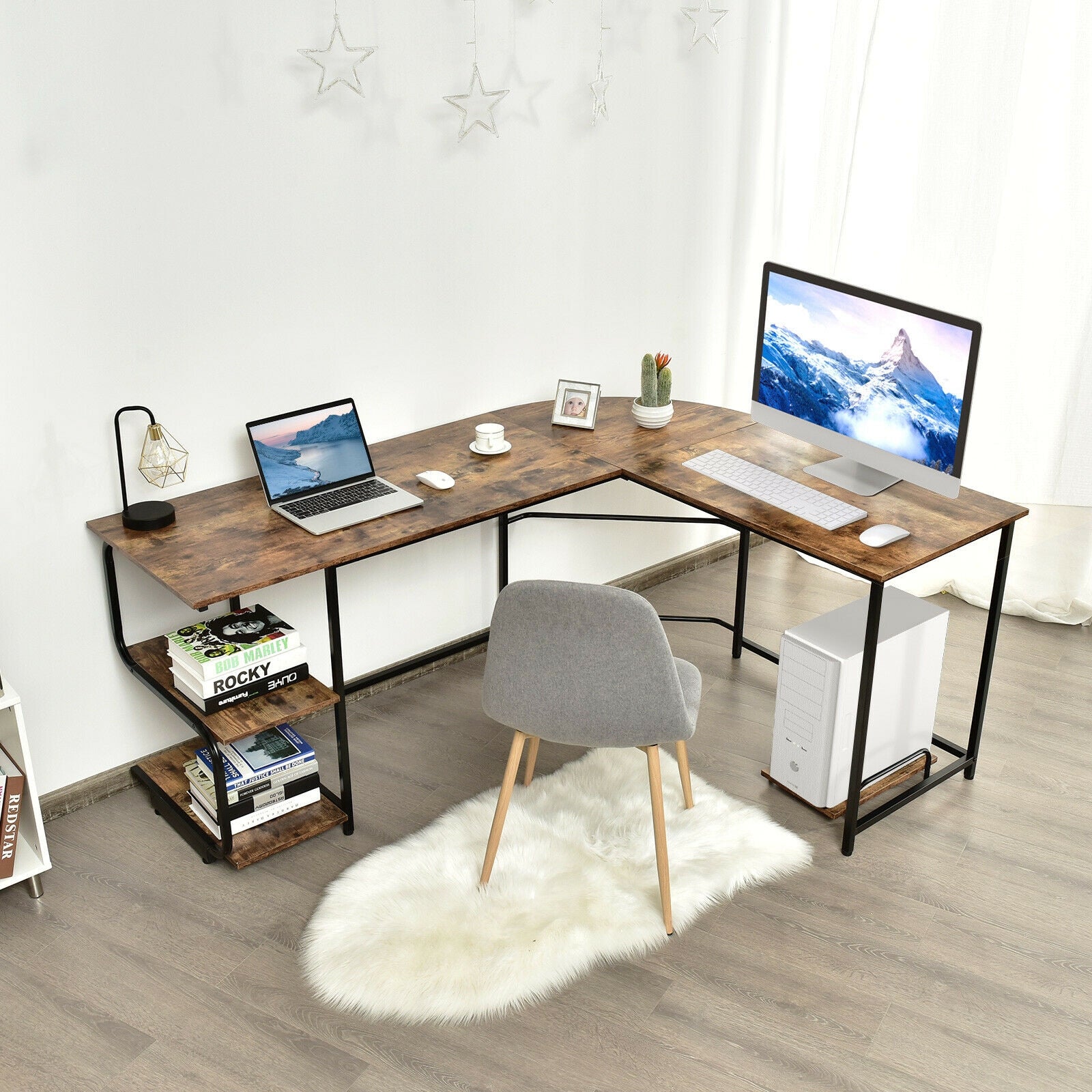 Reversible L-Shaped Computer Study Table with Shelves-Rustic BrownÂ