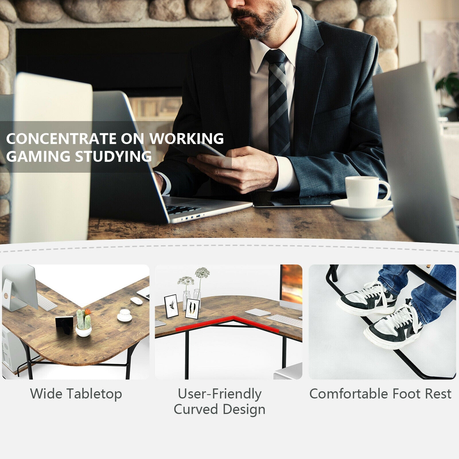 Reversible L-Shaped Computer Study Table with Shelves-Rustic BrownÂ