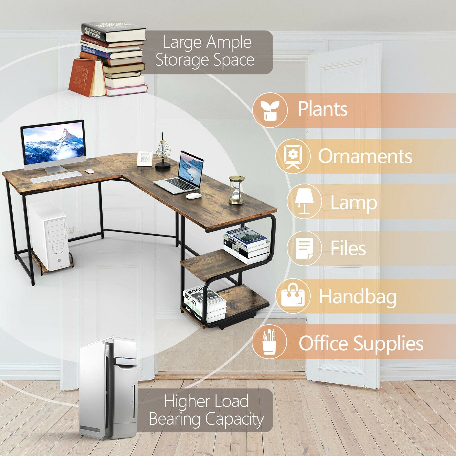 Reversible L-Shaped Computer Study Table with Shelves-Rustic BrownÂ