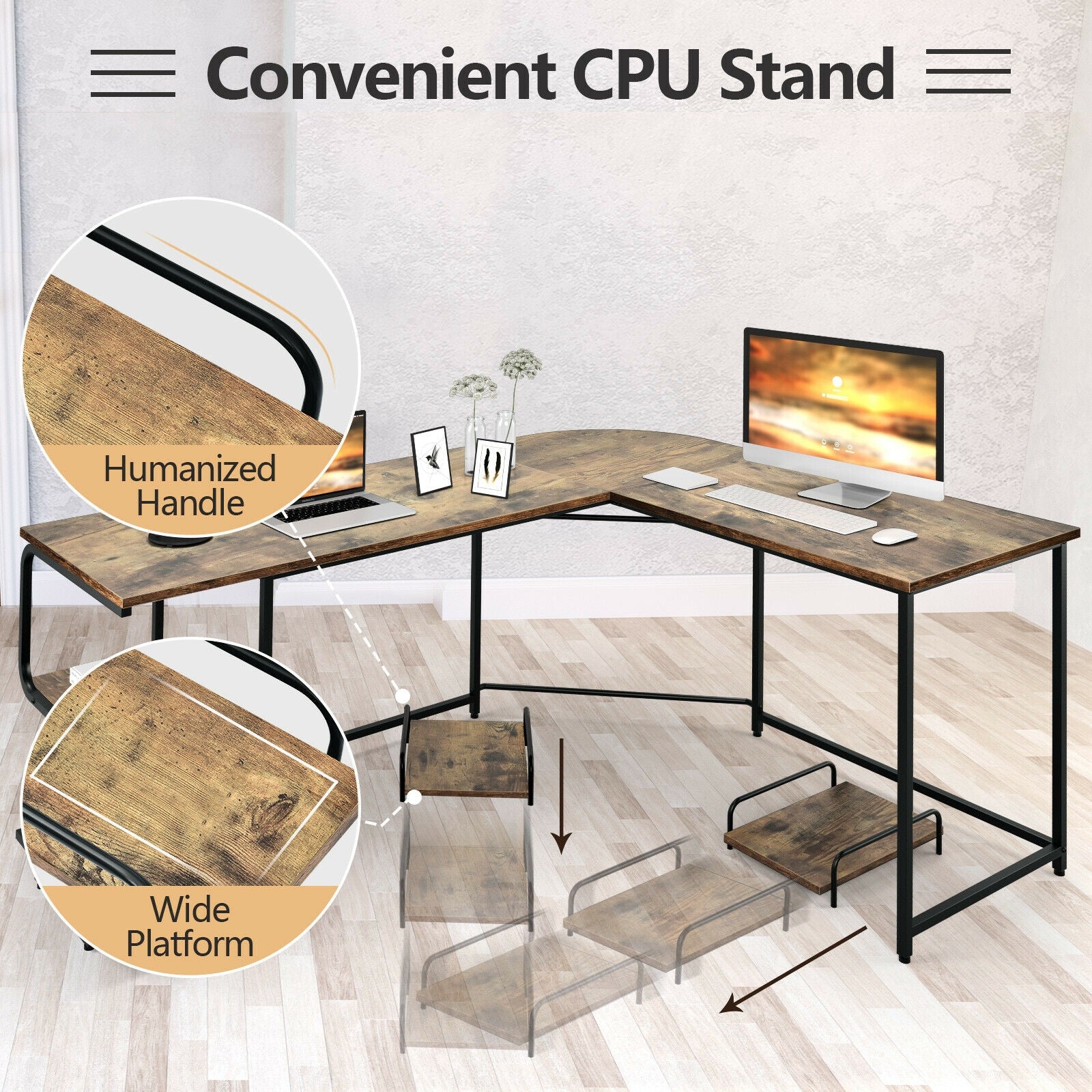 Reversible L-Shaped Computer Study Table with Shelves-Rustic BrownÂ