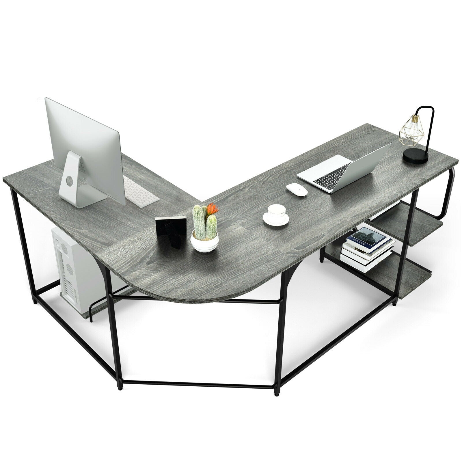 Reversible L-Shaped Computer Study Table with Shelves-GrayÂ