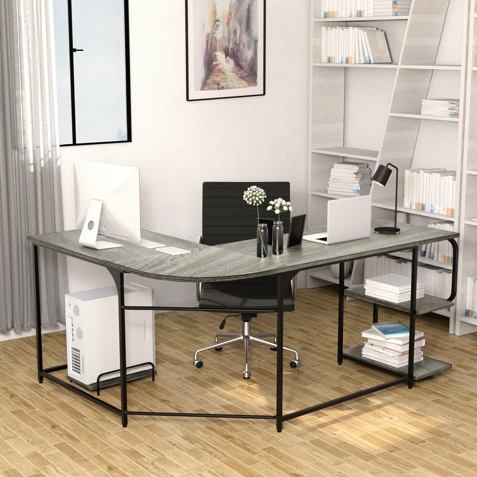 Reversible L-Shaped Computer Study Table with Shelves-GrayÂ
