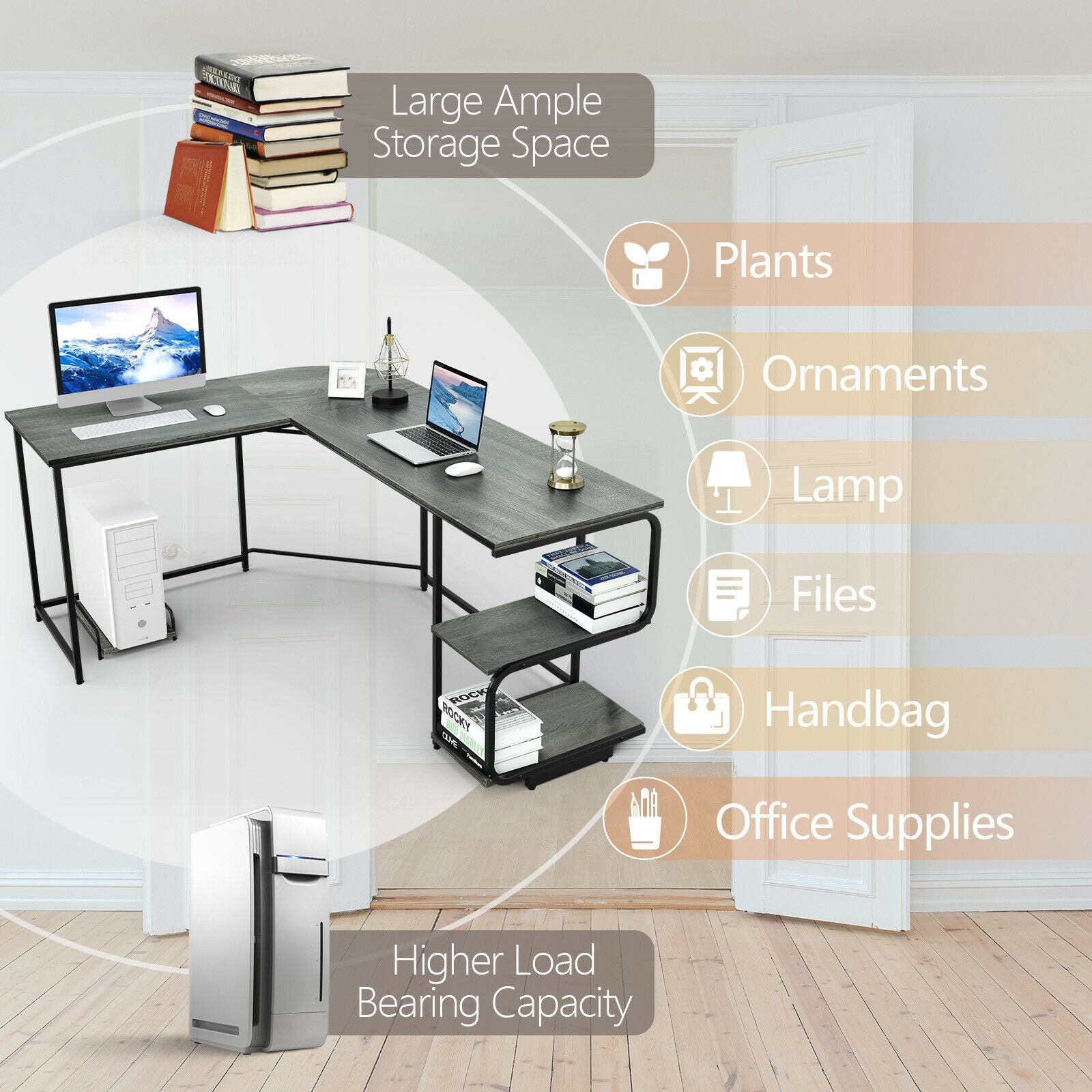 Reversible L-Shaped Computer Study Table with Shelves-GrayÂ