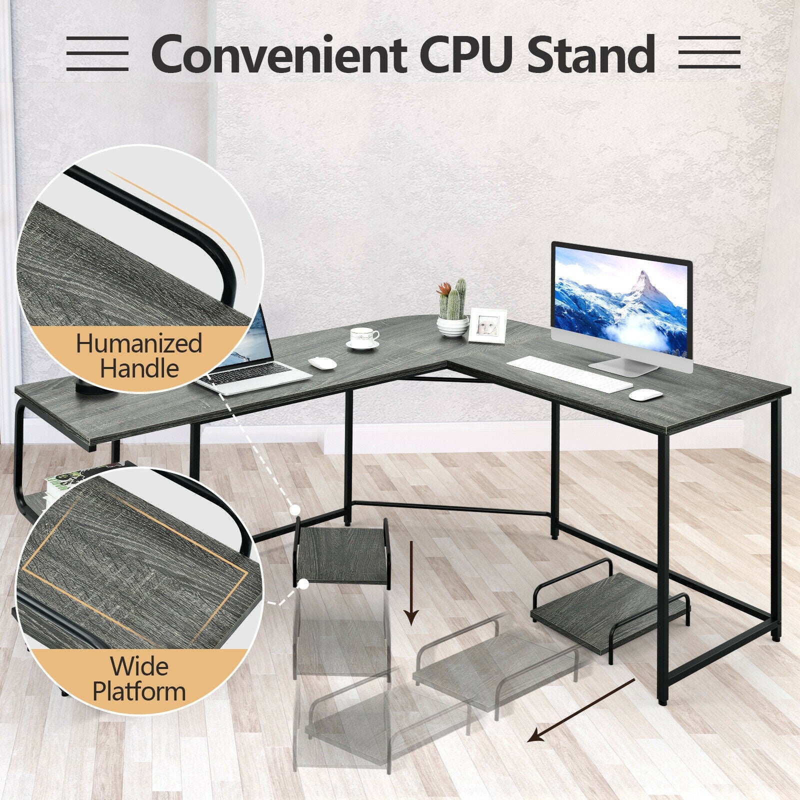 Reversible L-Shaped Computer Study Table with Shelves-GrayÂ