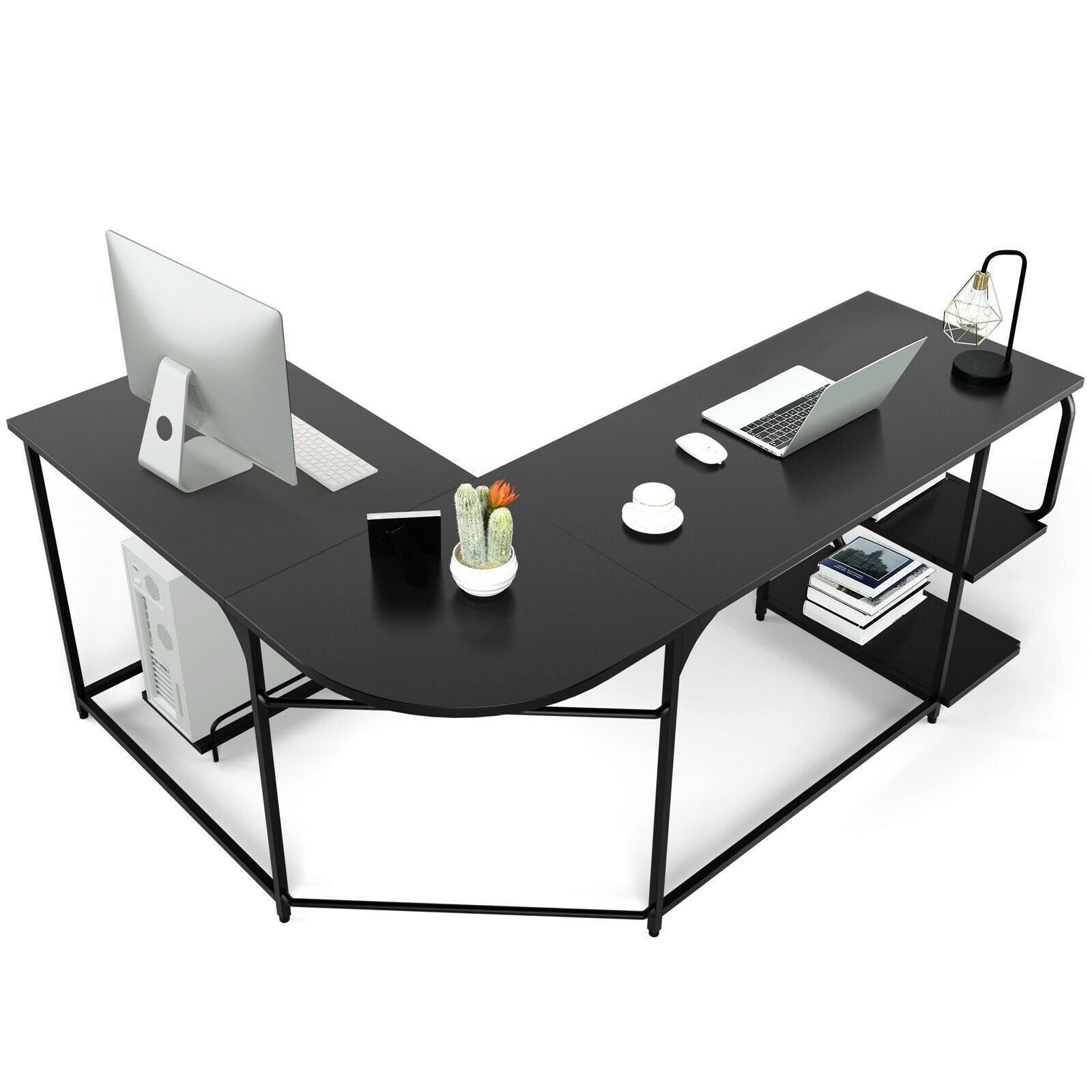 Reversible L-Shaped Computer Study Table with Shelves-BlackÂ