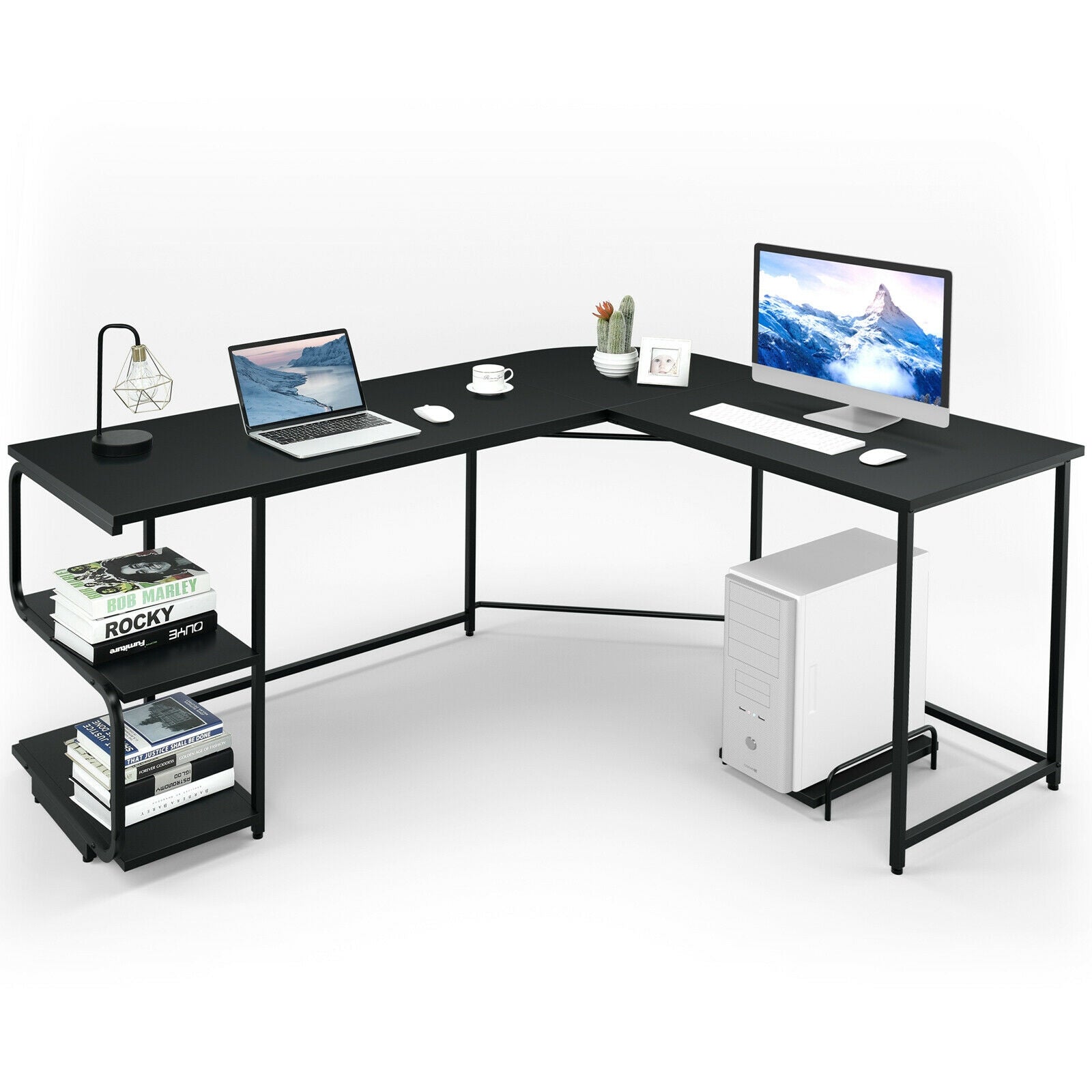 Reversible L-Shaped Computer Study Table with Shelves-BlackÂ