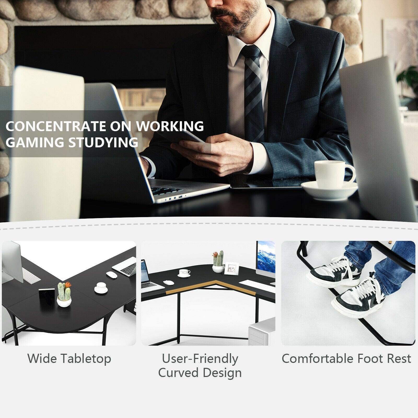 Reversible L-Shaped Computer Study Table with Shelves-BlackÂ