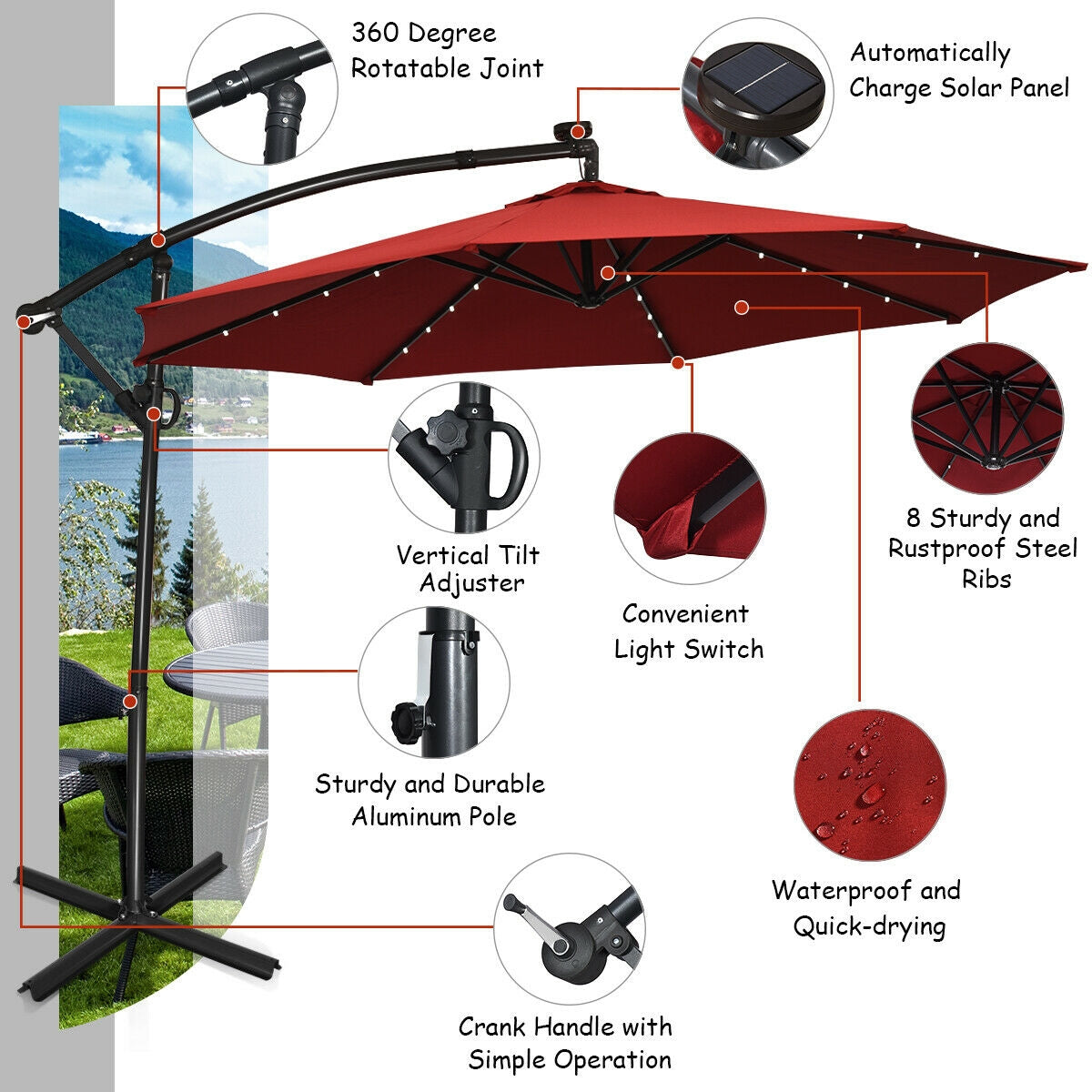 10 ft 360° Rotation Solar Powered LED Patio Offset Umbrella without Weight Base-BurgundyÂ