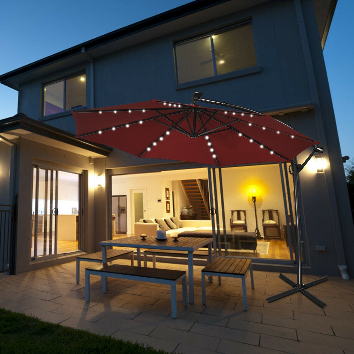 10 ft 360° Rotation Solar Powered LED Patio Offset Umbrella without Weight Base-BurgundyÂ