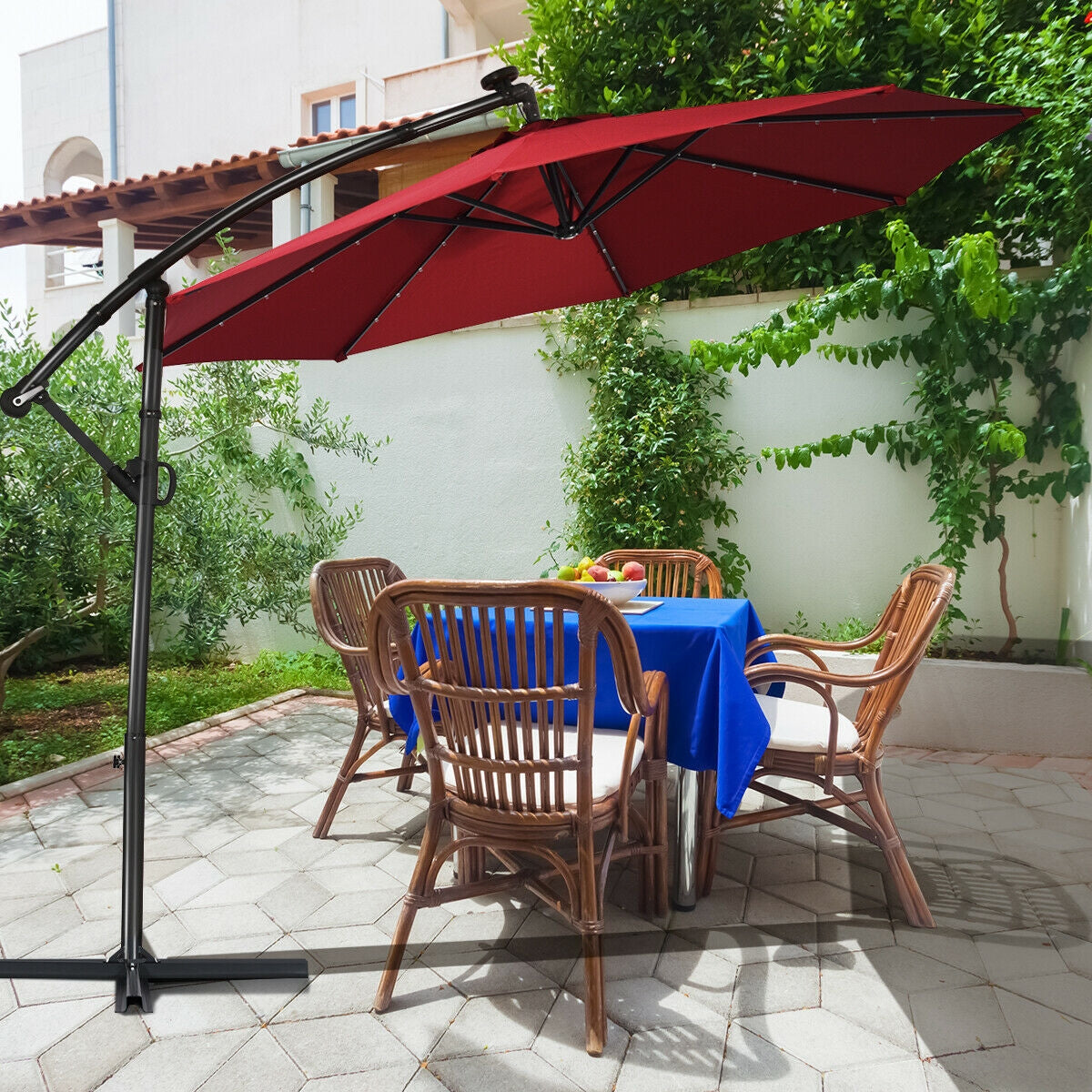 10 ft 360° Rotation Solar Powered LED Patio Offset Umbrella without Weight Base-BurgundyÂ