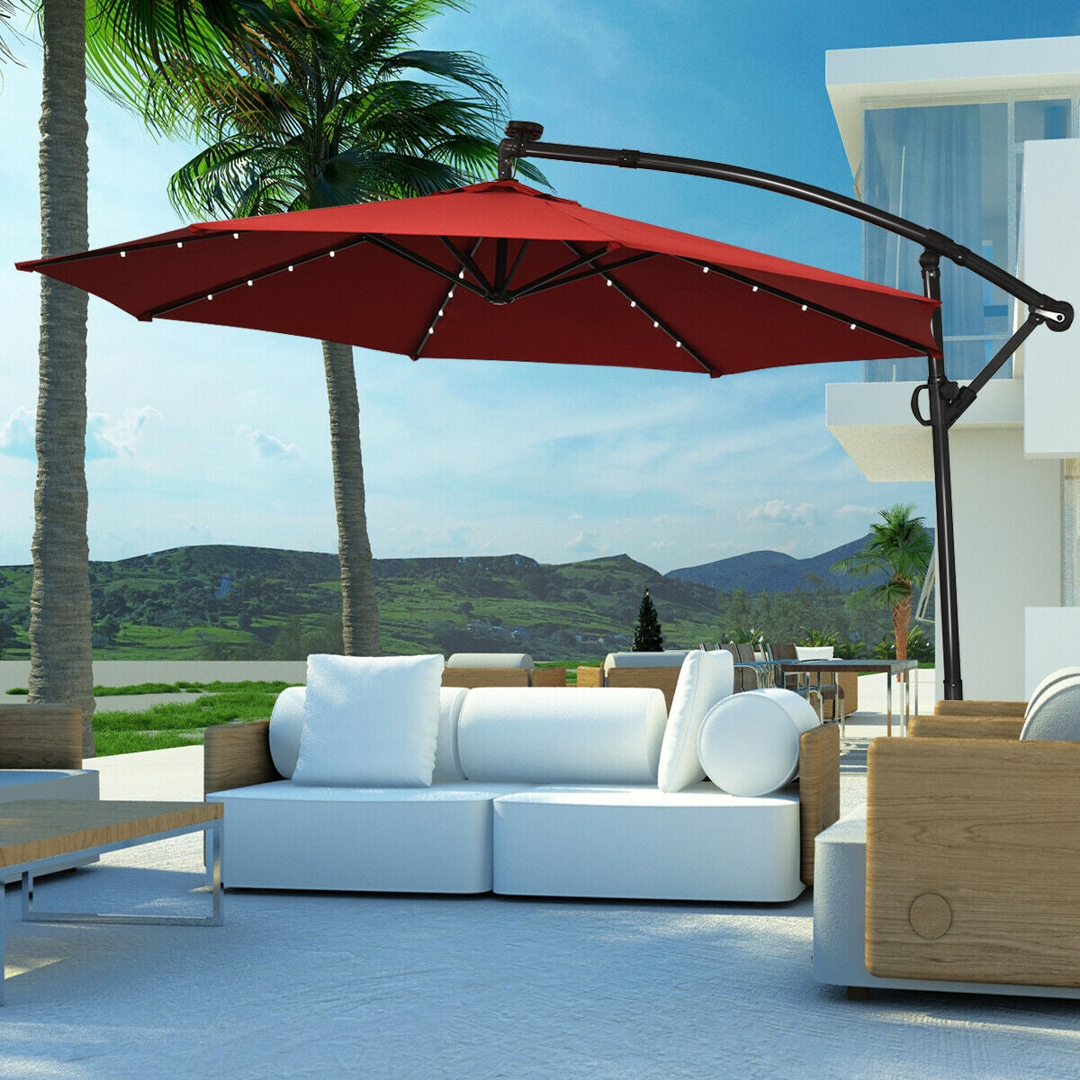 10 ft 360° Rotation Solar Powered LED Patio Offset Umbrella without Weight Base-BurgundyÂ