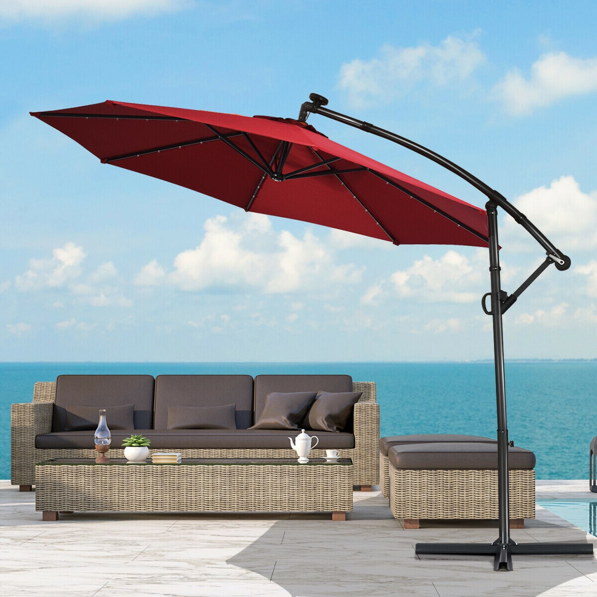 10 ft 360° Rotation Solar Powered LED Patio Offset Umbrella without Weight Base-BurgundyÂ