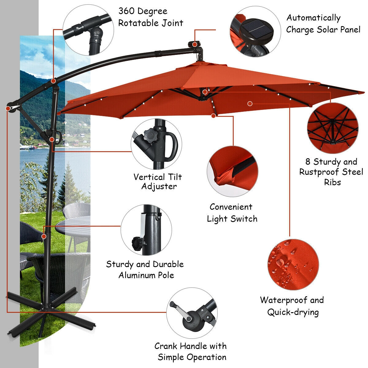 10 ft 360° Rotation Solar Powered LED Patio Offset Umbrella without Weight Base-OrangeÂ