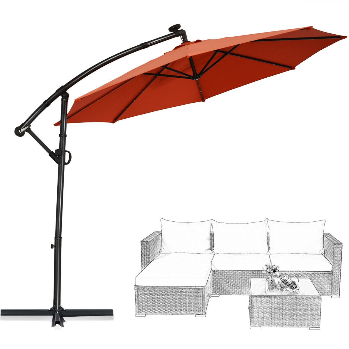 10 ft 360° Rotation Solar Powered LED Patio Offset Umbrella without Weight Base-OrangeÂ