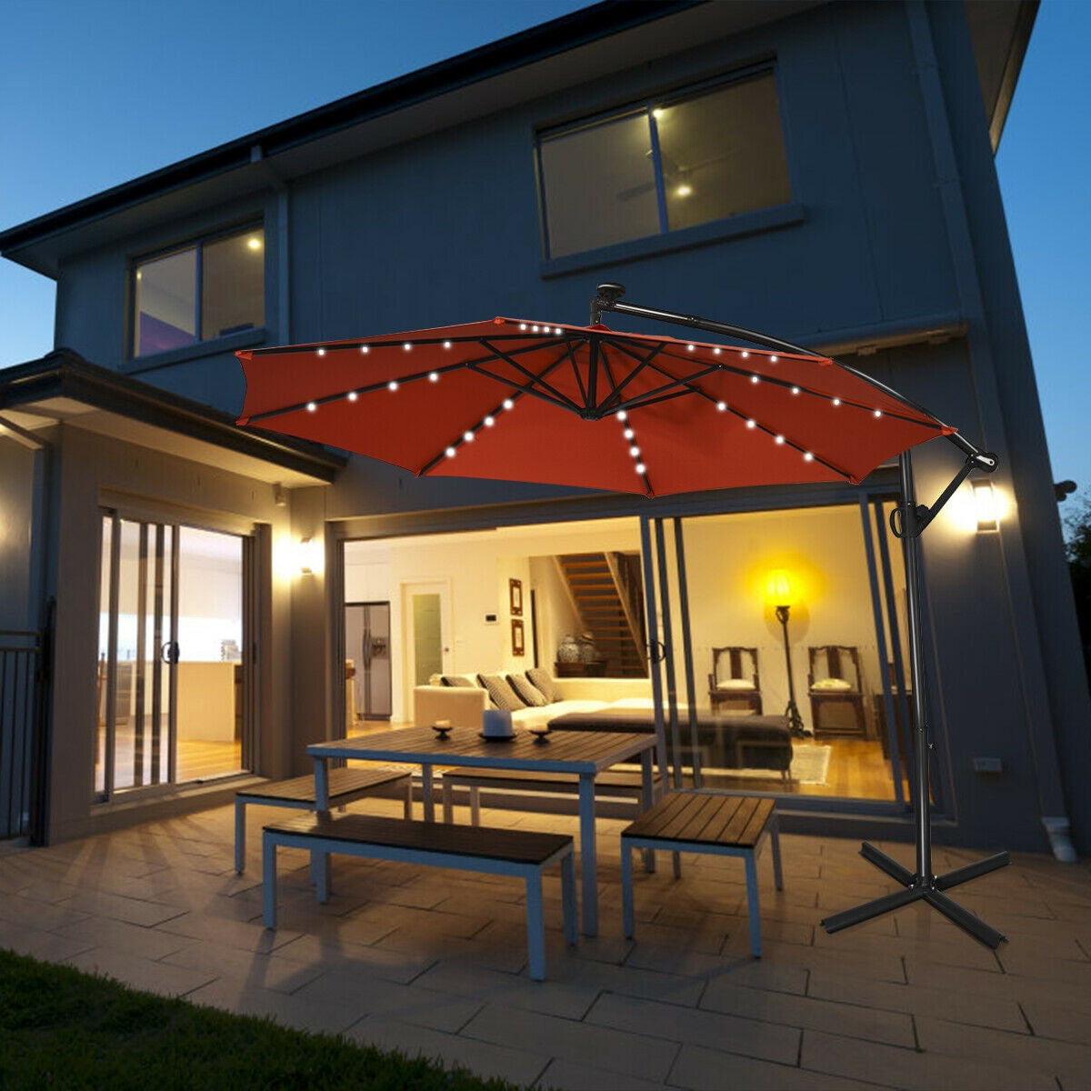10 ft 360° Rotation Solar Powered LED Patio Offset Umbrella without Weight Base-OrangeÂ