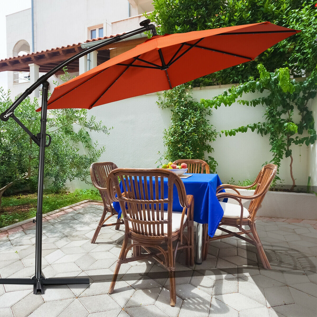 10 ft 360° Rotation Solar Powered LED Patio Offset Umbrella without Weight Base-OrangeÂ