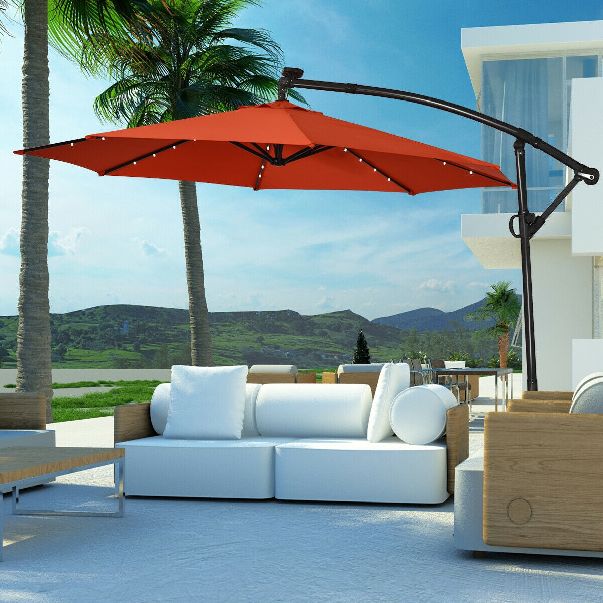 10 ft 360° Rotation Solar Powered LED Patio Offset Umbrella without Weight Base-OrangeÂ
