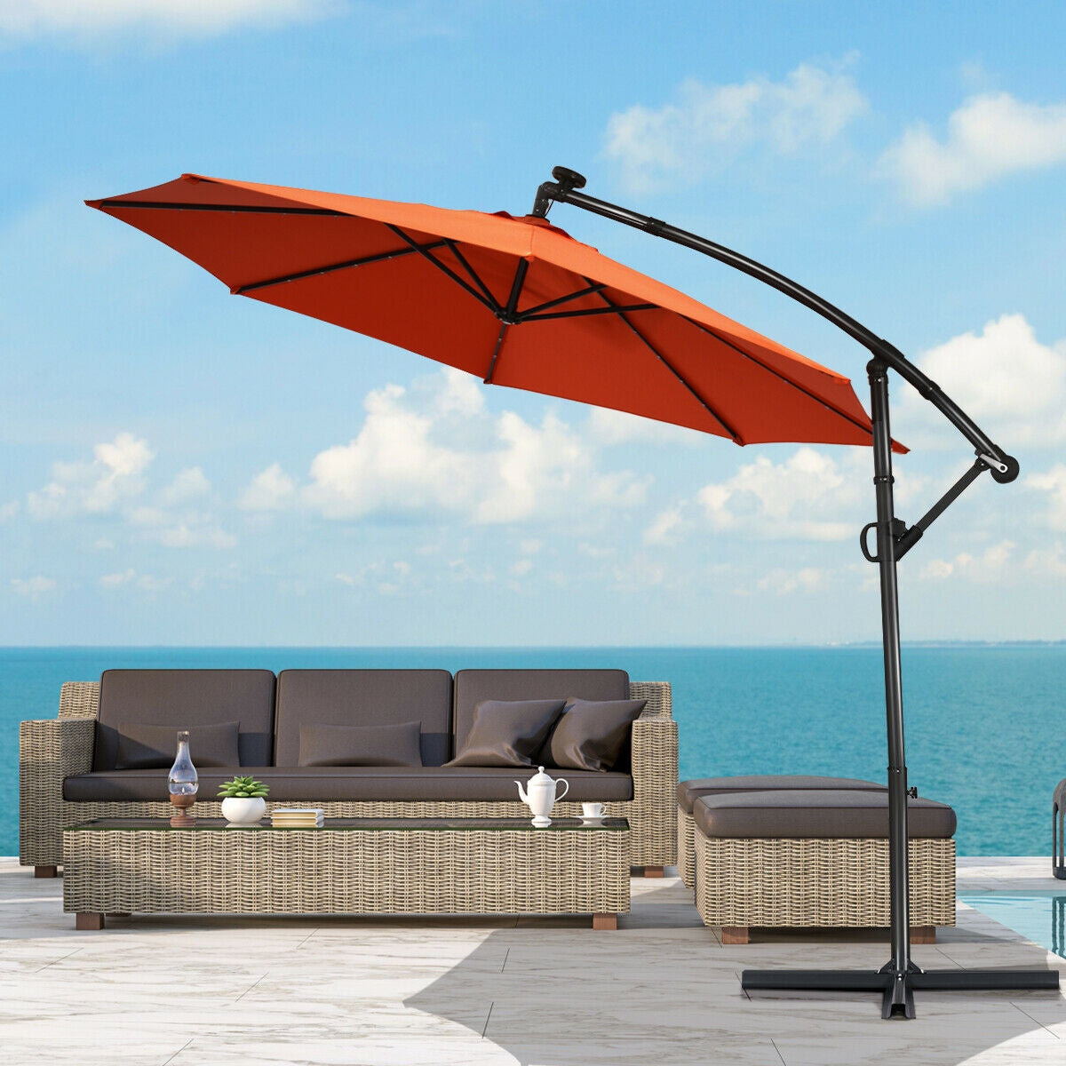 10 ft 360° Rotation Solar Powered LED Patio Offset Umbrella without Weight Base-OrangeÂ
