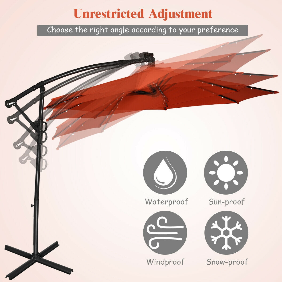 10 ft 360° Rotation Solar Powered LED Patio Offset Umbrella without Weight Base-OrangeÂ