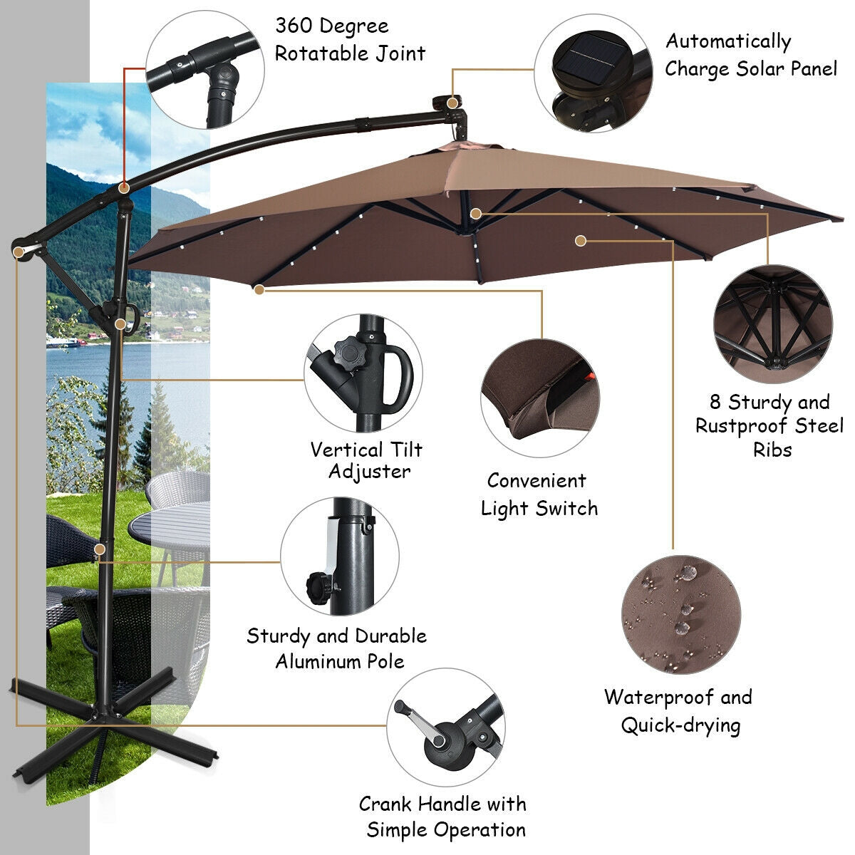 10 ft 360° Rotation Solar Powered LED Patio Offset Umbrella without Weight Base-TanÂ