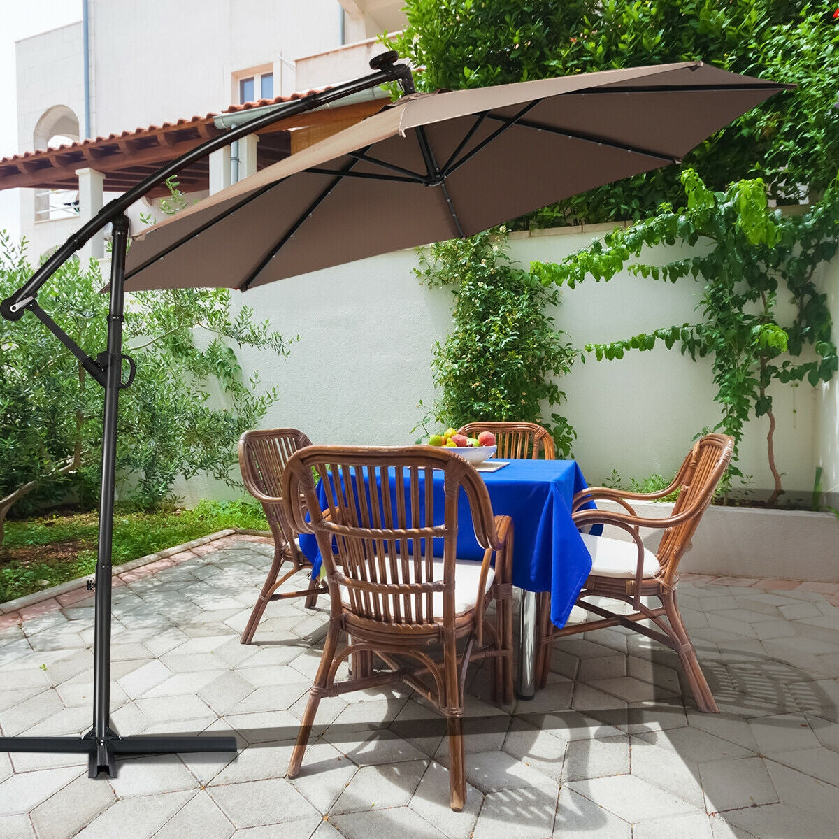 10 ft 360° Rotation Solar Powered LED Patio Offset Umbrella without Weight Base-TanÂ