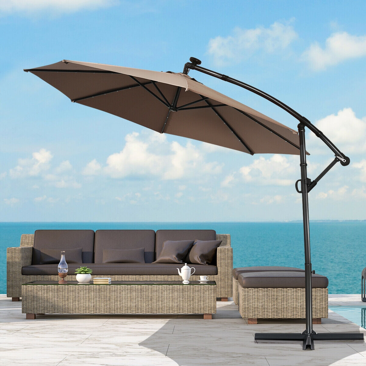 10 ft 360° Rotation Solar Powered LED Patio Offset Umbrella without Weight Base-TanÂ