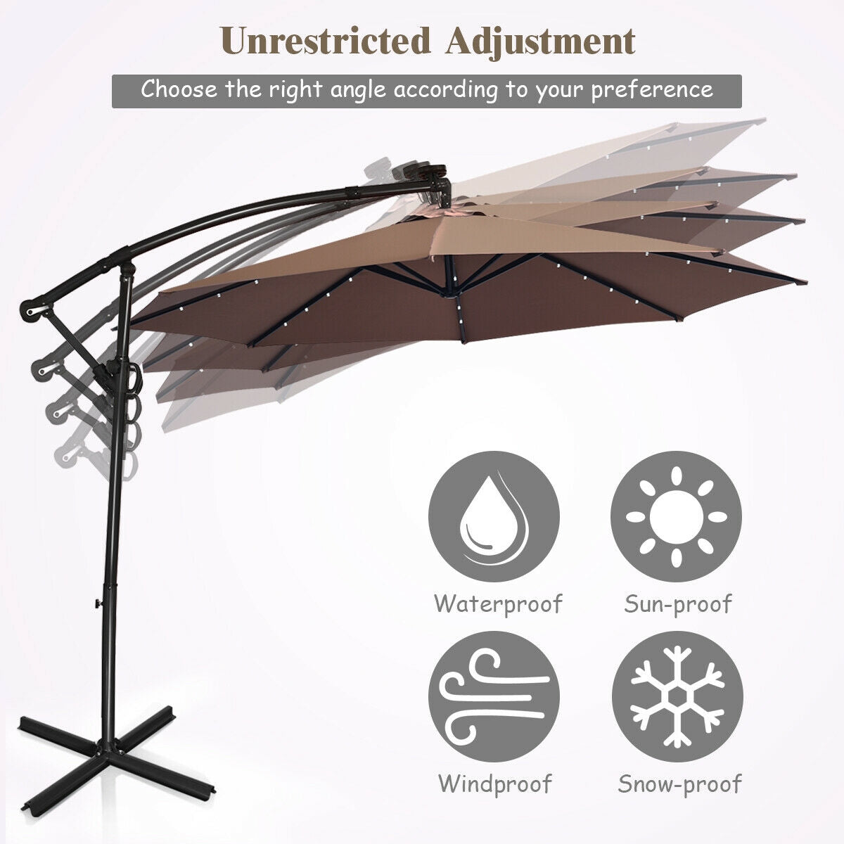 10 ft 360° Rotation Solar Powered LED Patio Offset Umbrella without Weight Base-TanÂ
