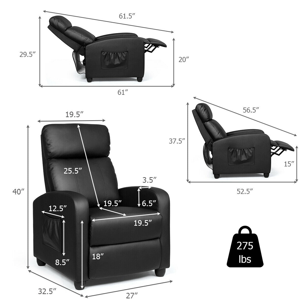 Recliner Massage Winback Single Chair with Side Pocket-BlackÂ