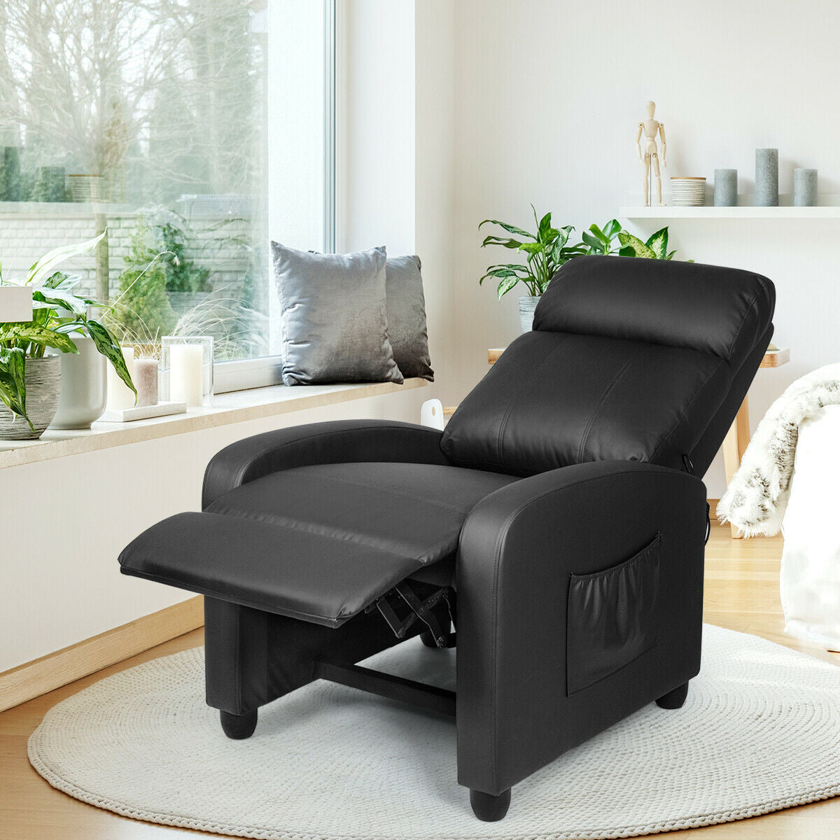 Recliner Massage Winback Single Chair with Side Pocket-BlackÂ