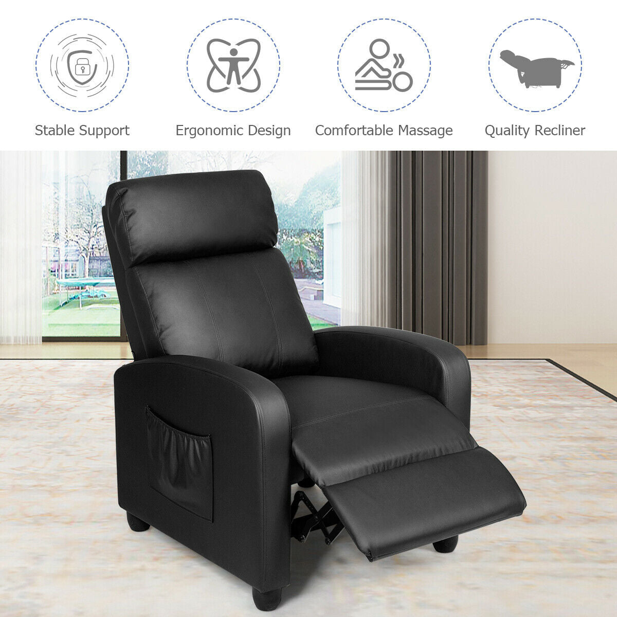 Recliner Massage Winback Single Chair with Side Pocket-BlackÂ