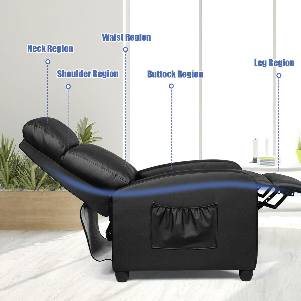 Recliner Massage Winback Single Chair with Side Pocket-BlackÂ