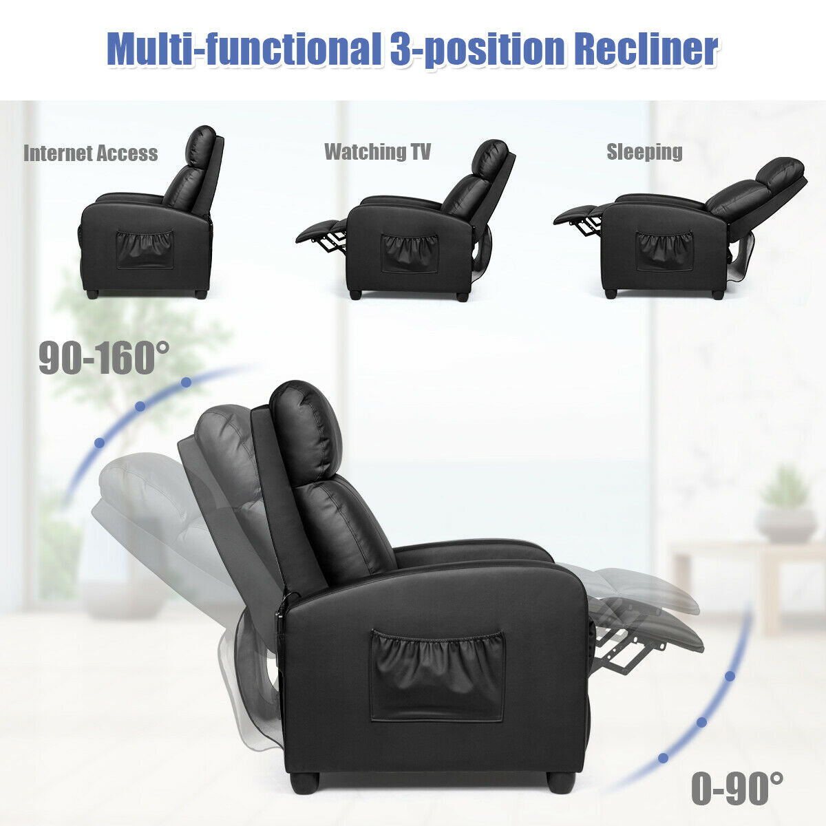 Recliner Massage Winback Single Chair with Side Pocket-BlackÂ