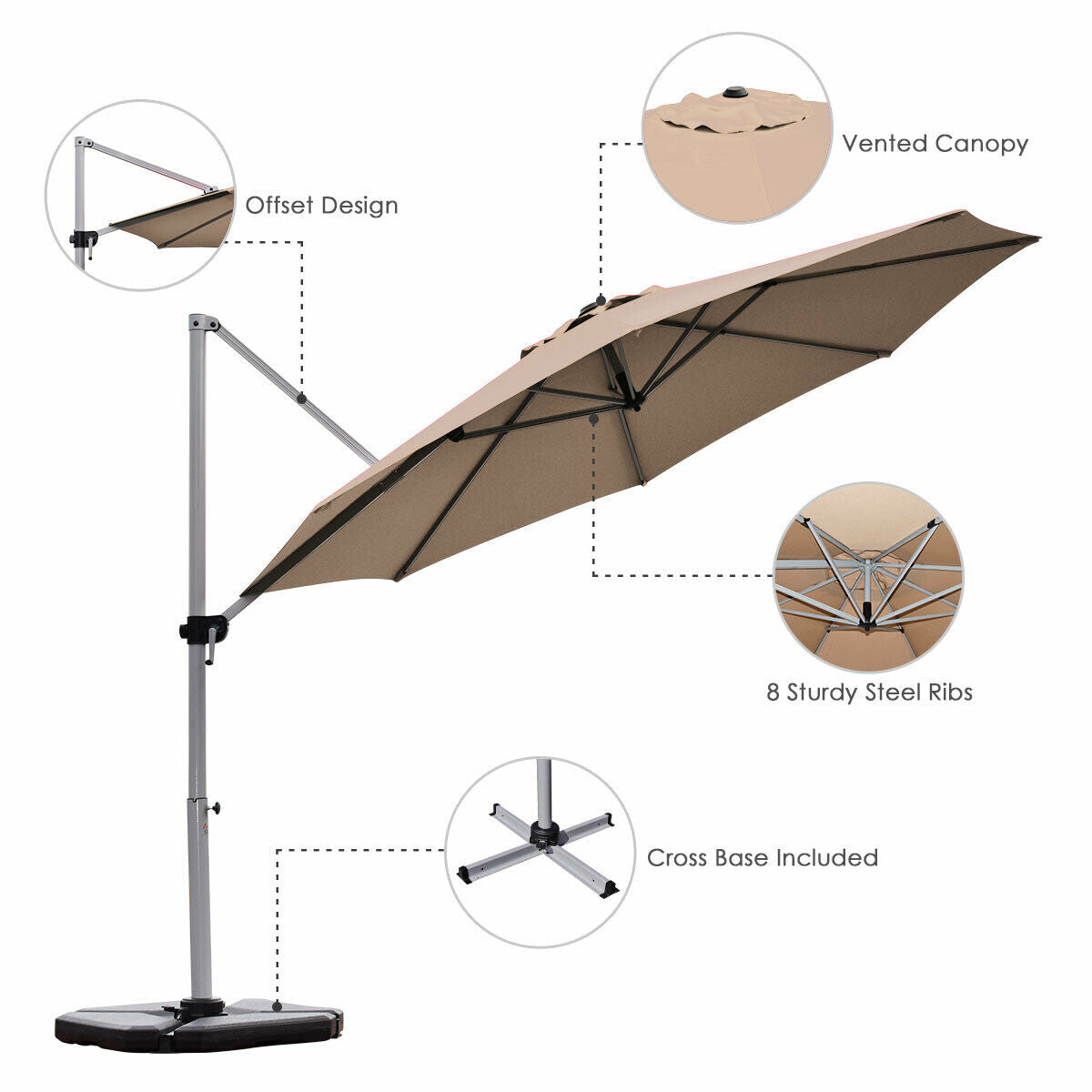 11 Feet Patio Offset Cantilever Umbrella 360° Rotation Aluminum Tilt-TanÂ