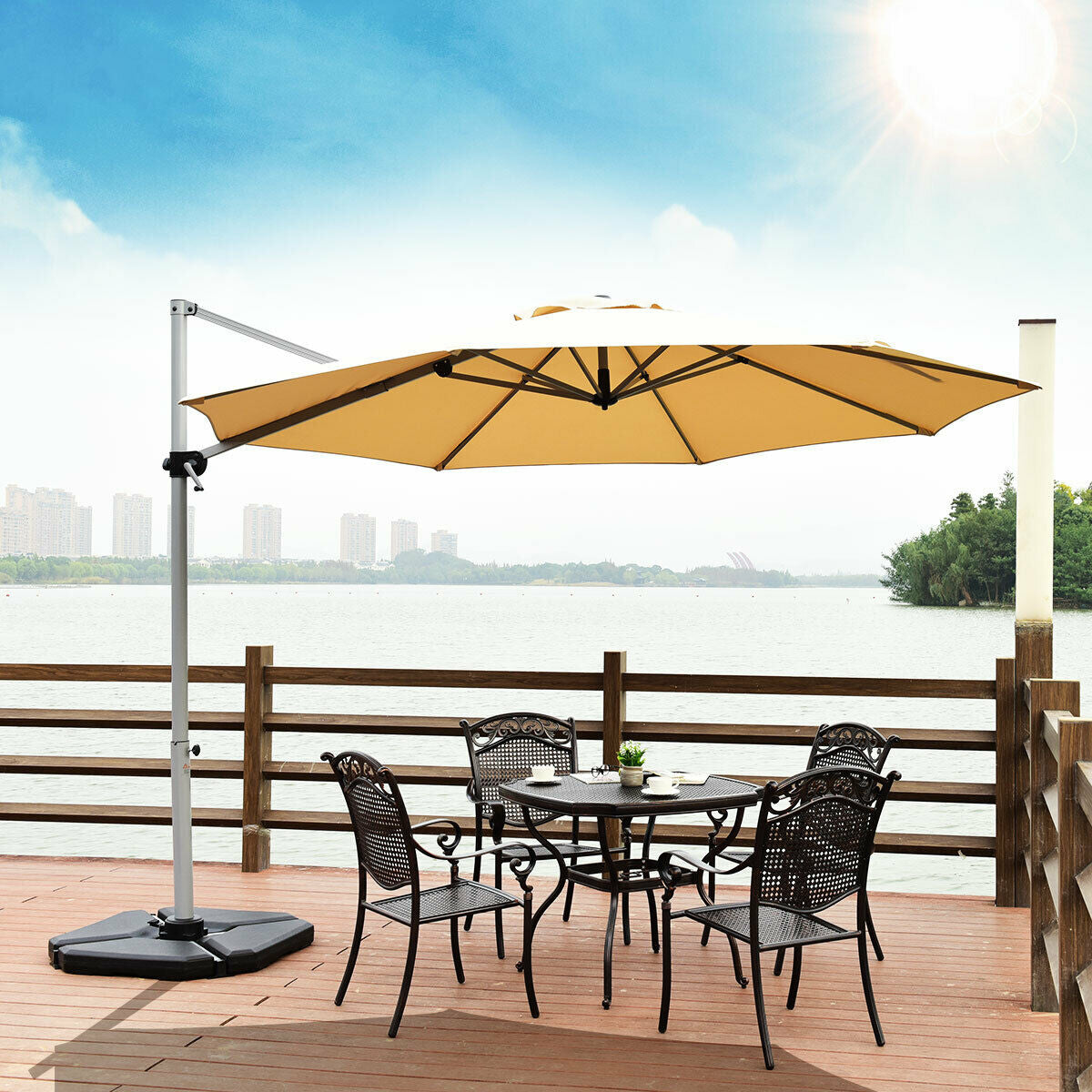 11 Feet Patio Offset Cantilever Umbrella 360° Rotation Aluminum Tilt-BeigeÂ