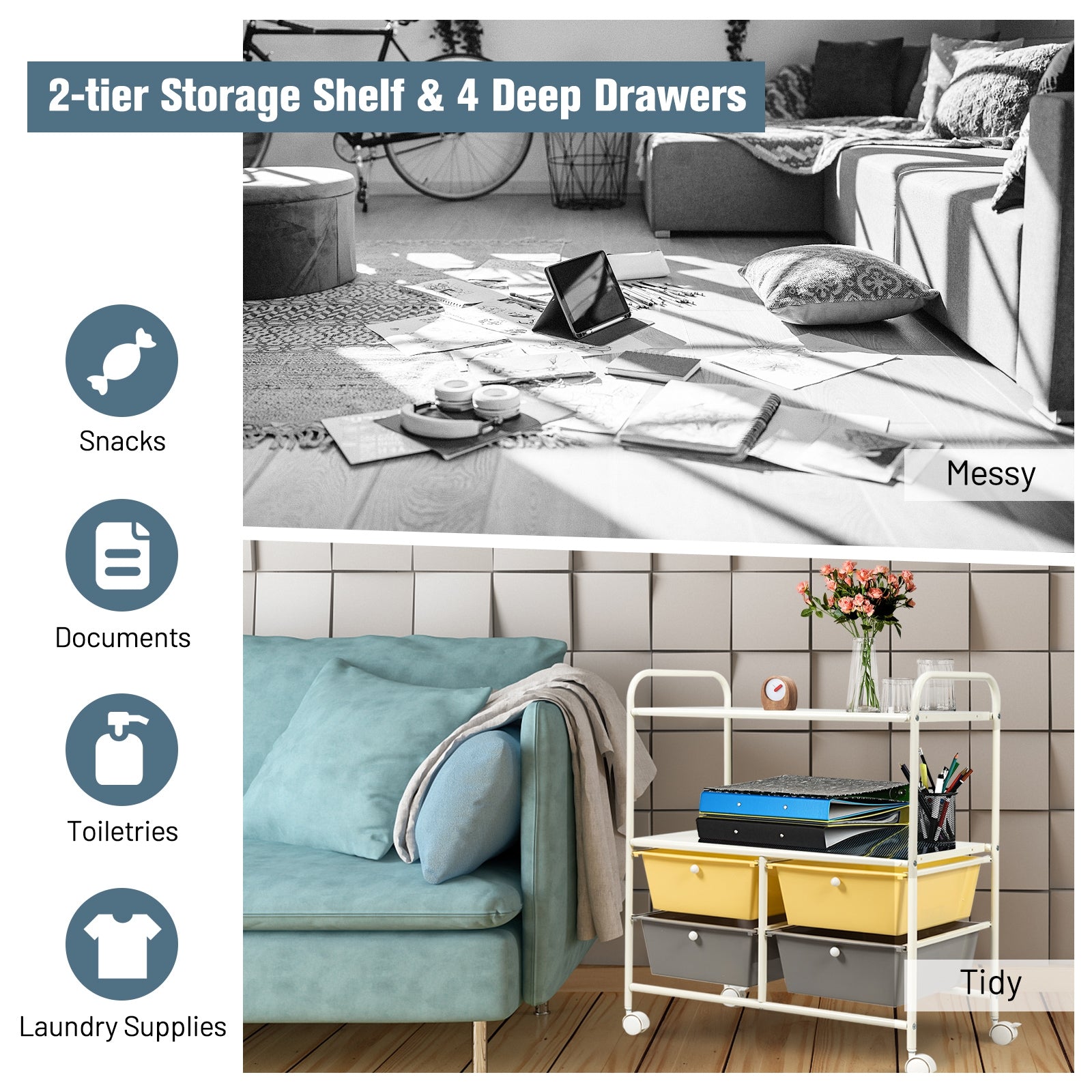 4 Drawers Shelves Rolling Storage Cart Rack-YellowÂ