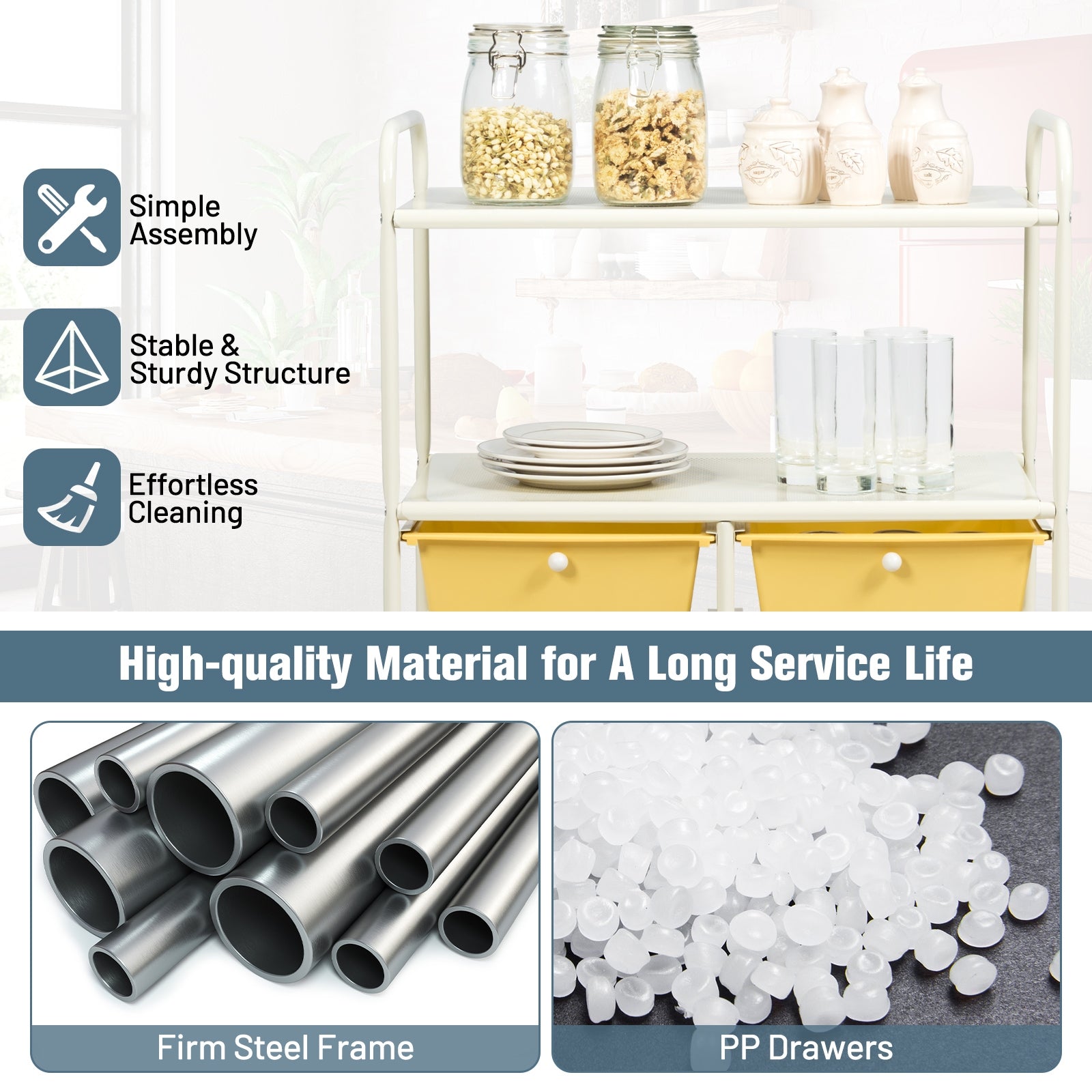 4 Drawers Shelves Rolling Storage Cart Rack-YellowÂ