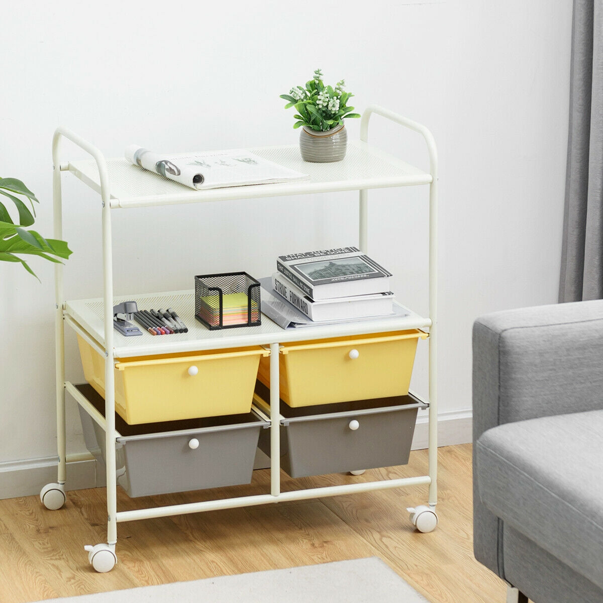 4 Drawers Shelves Rolling Storage Cart Rack-YellowÂ