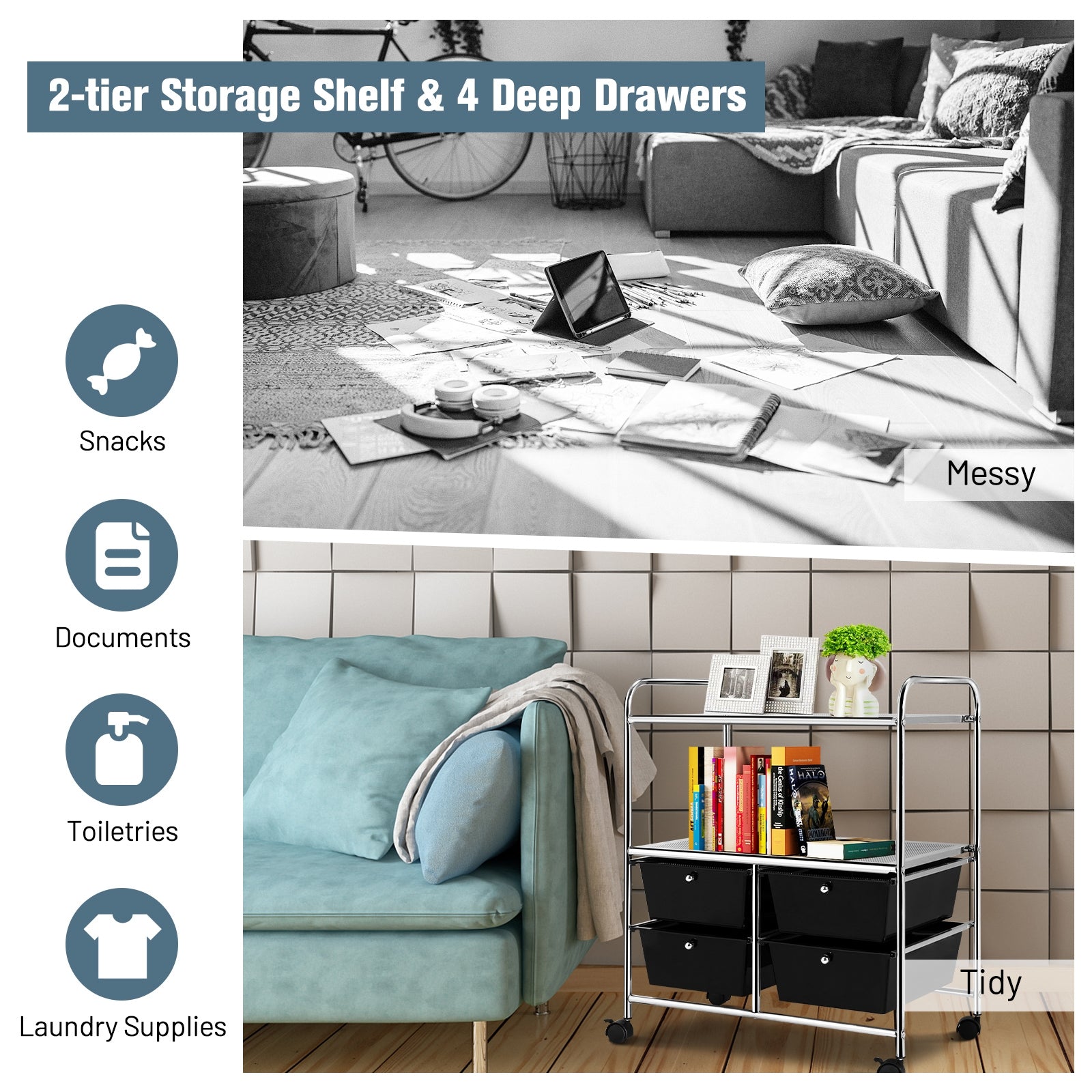 4 Drawers Shelves Rolling Storage Cart Rack-BlackÂ