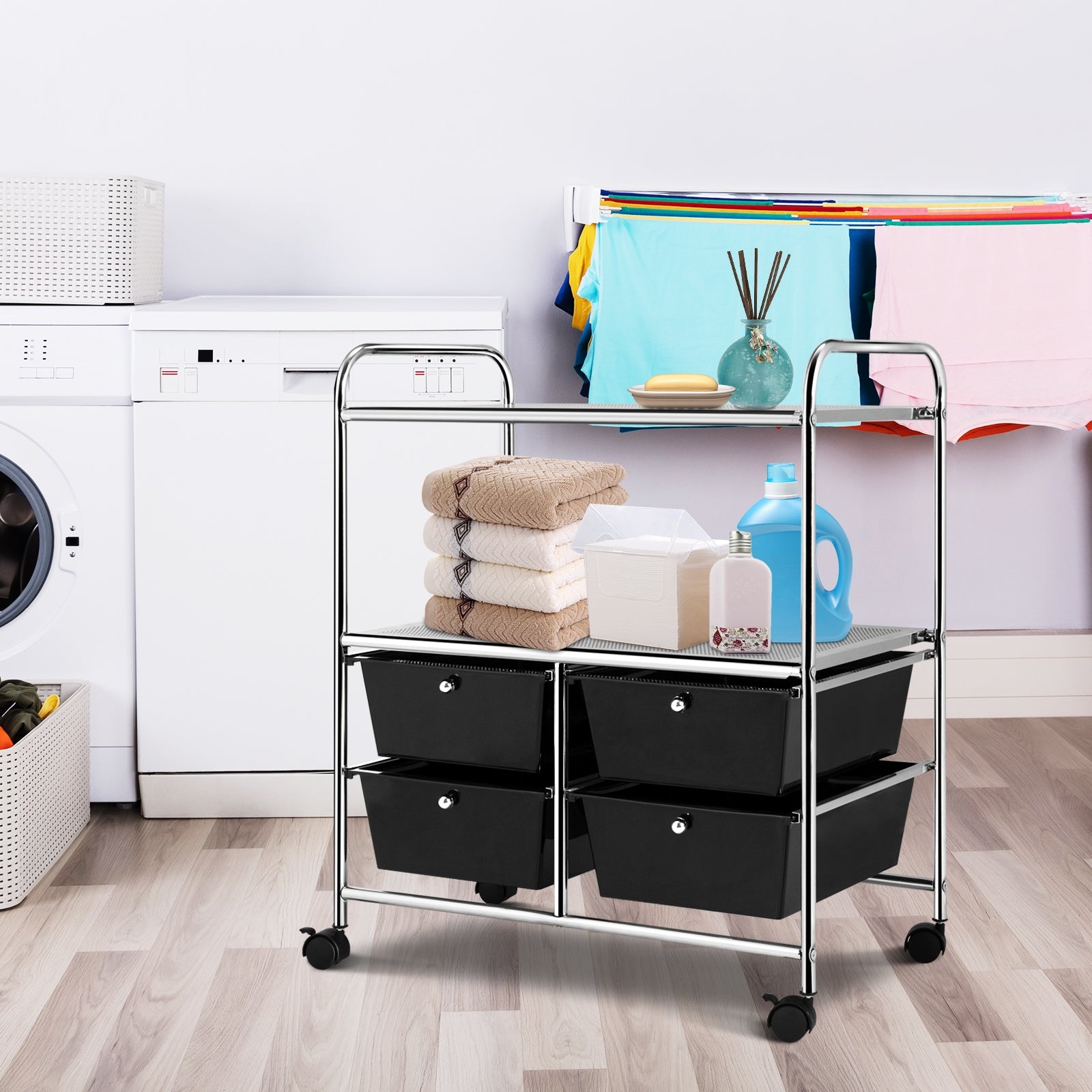 4 Drawers Shelves Rolling Storage Cart Rack-BlackÂ