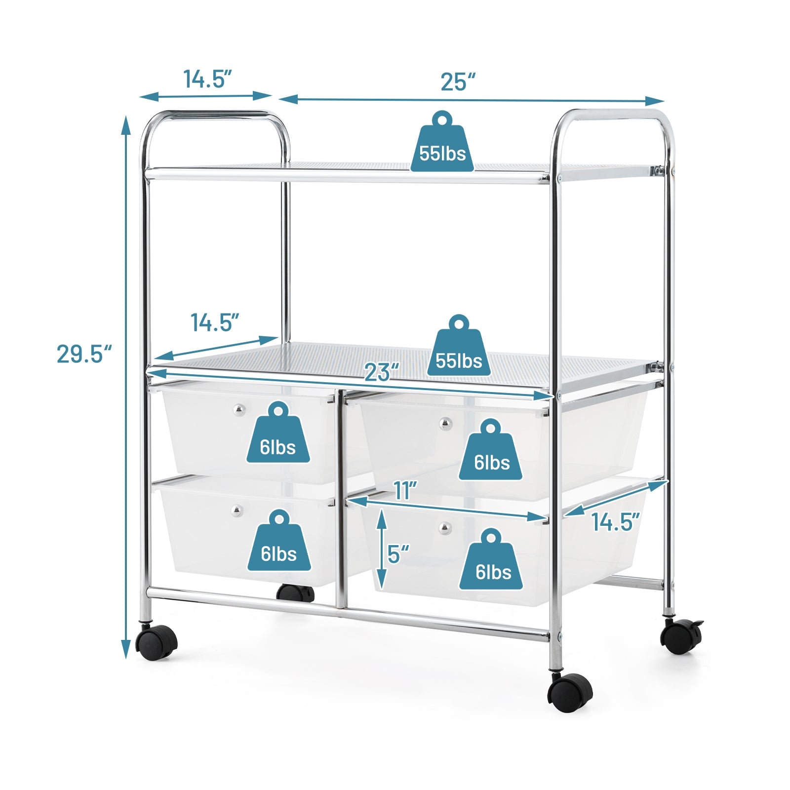 4 Drawers Shelves Rolling Storage Cart Rack-ClearÂ