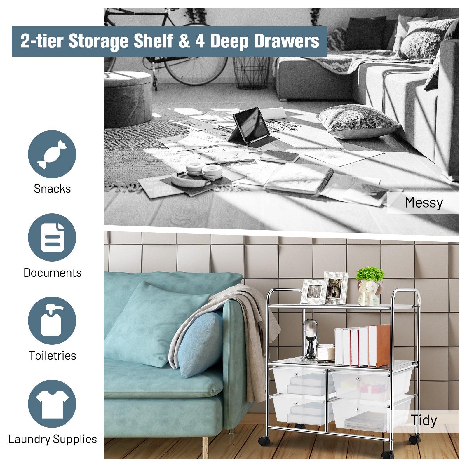 4 Drawers Shelves Rolling Storage Cart Rack-ClearÂ