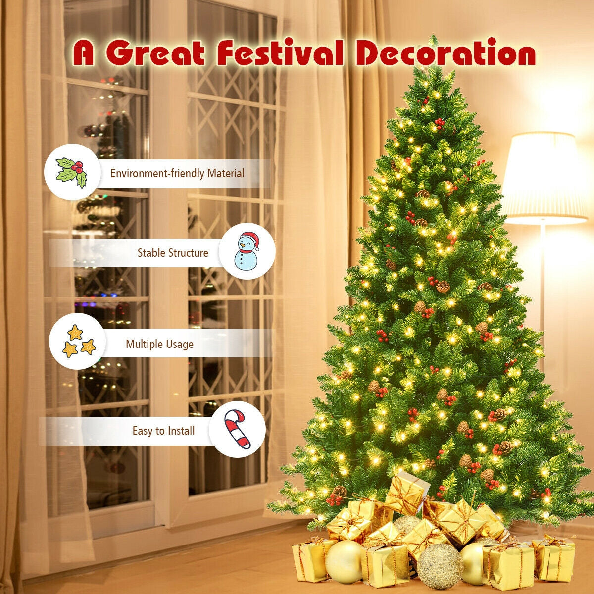 6.5 Feet Pre-lit Hinged Christmas Tree with LED LightsÂ
