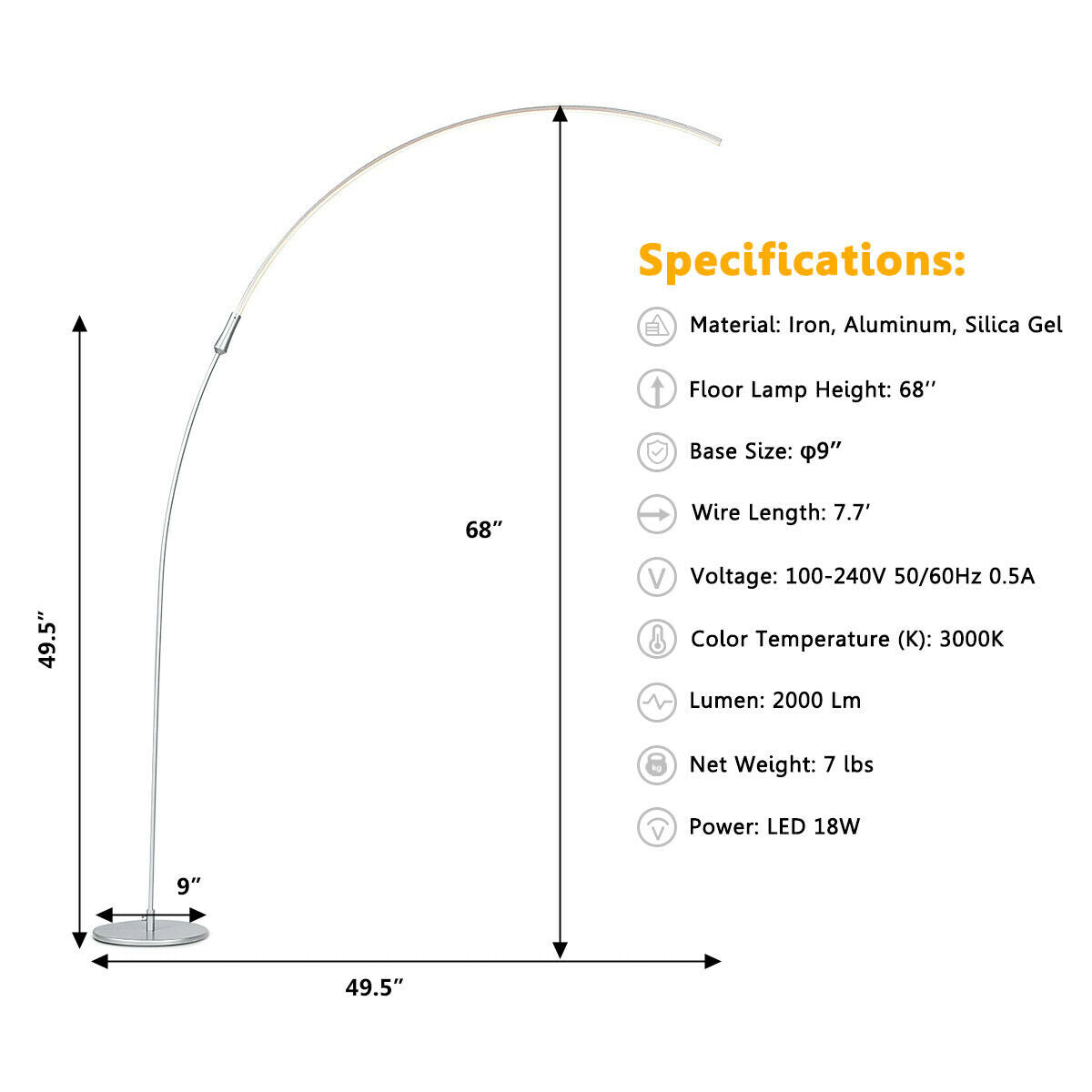 LED Arc Floor Lamp with 3 Brightness Levels-Silver-SilverÂ
