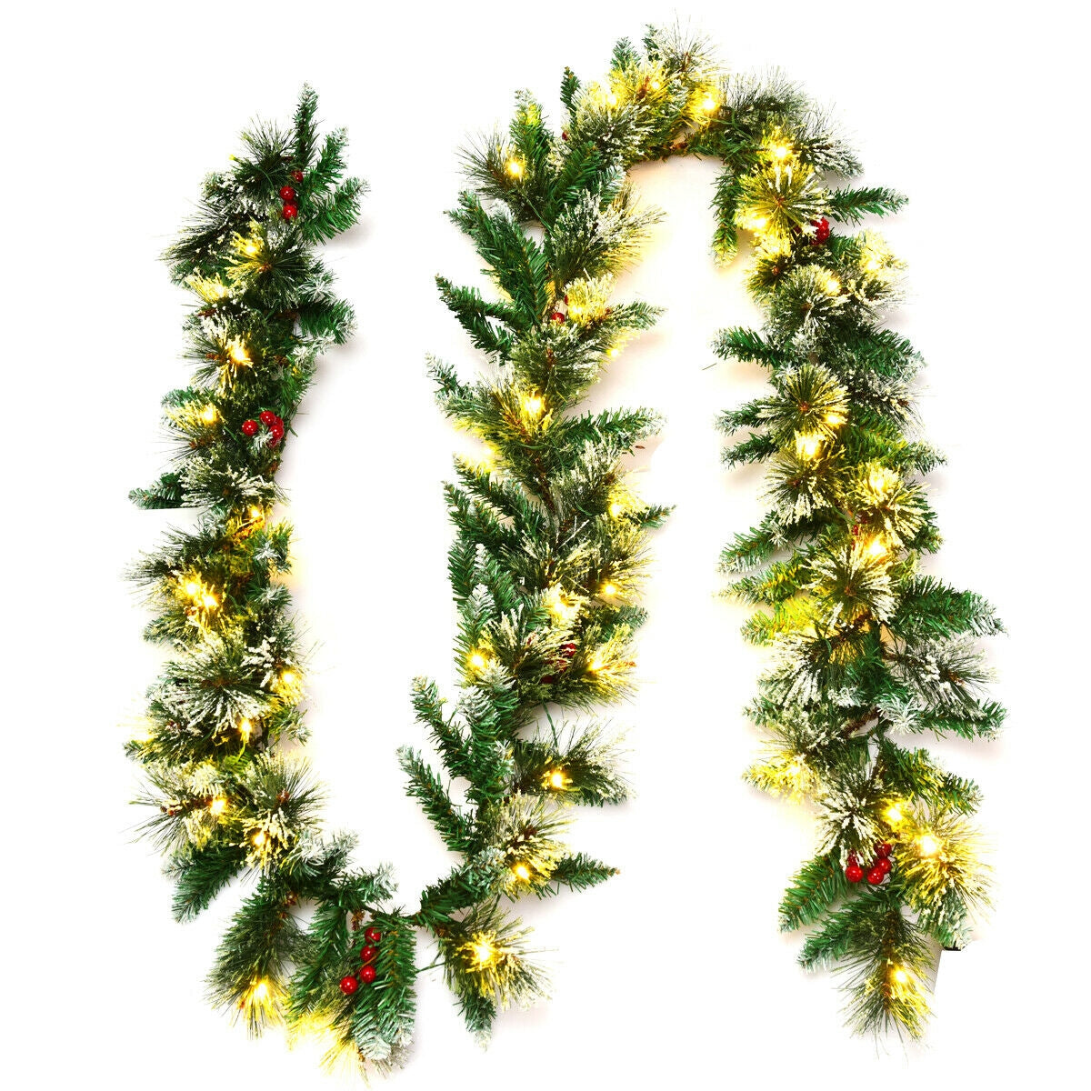 9 Feet Pre-lit Snow Flocked Tips Christmas Garland with Red BerriesÂ
