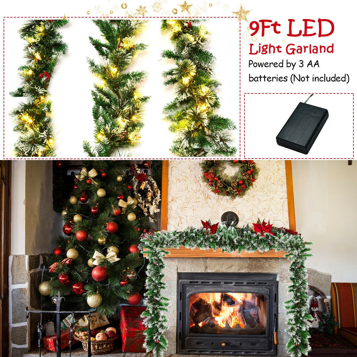 9 Feet Pre-lit Snow Flocked Tips Christmas Garland with Red BerriesÂ