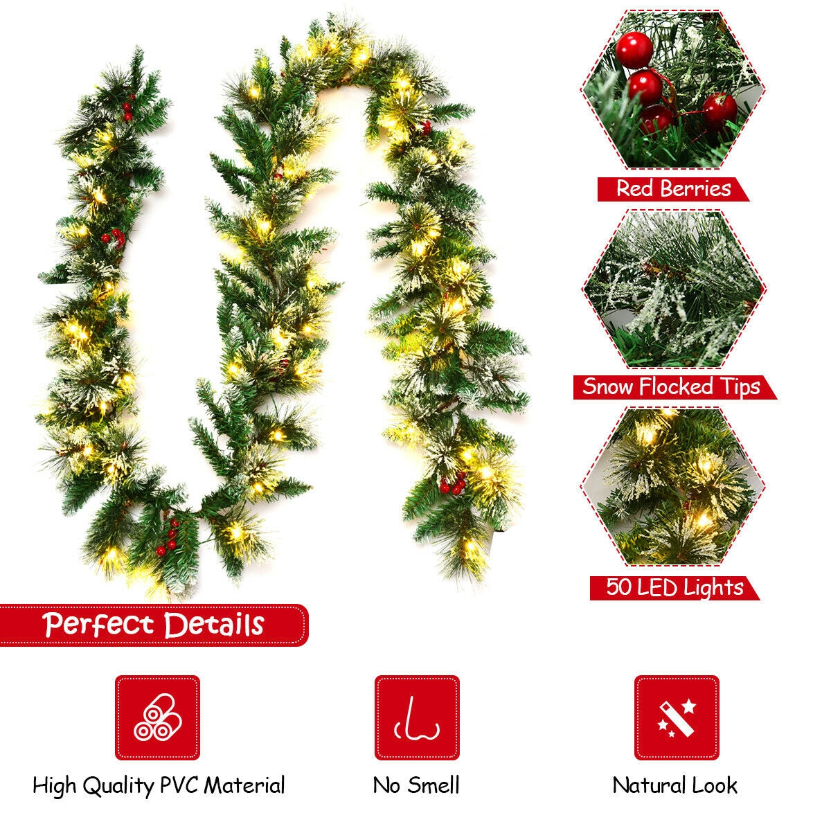 9 Feet Pre-lit Snow Flocked Tips Christmas Garland with Red BerriesÂ
