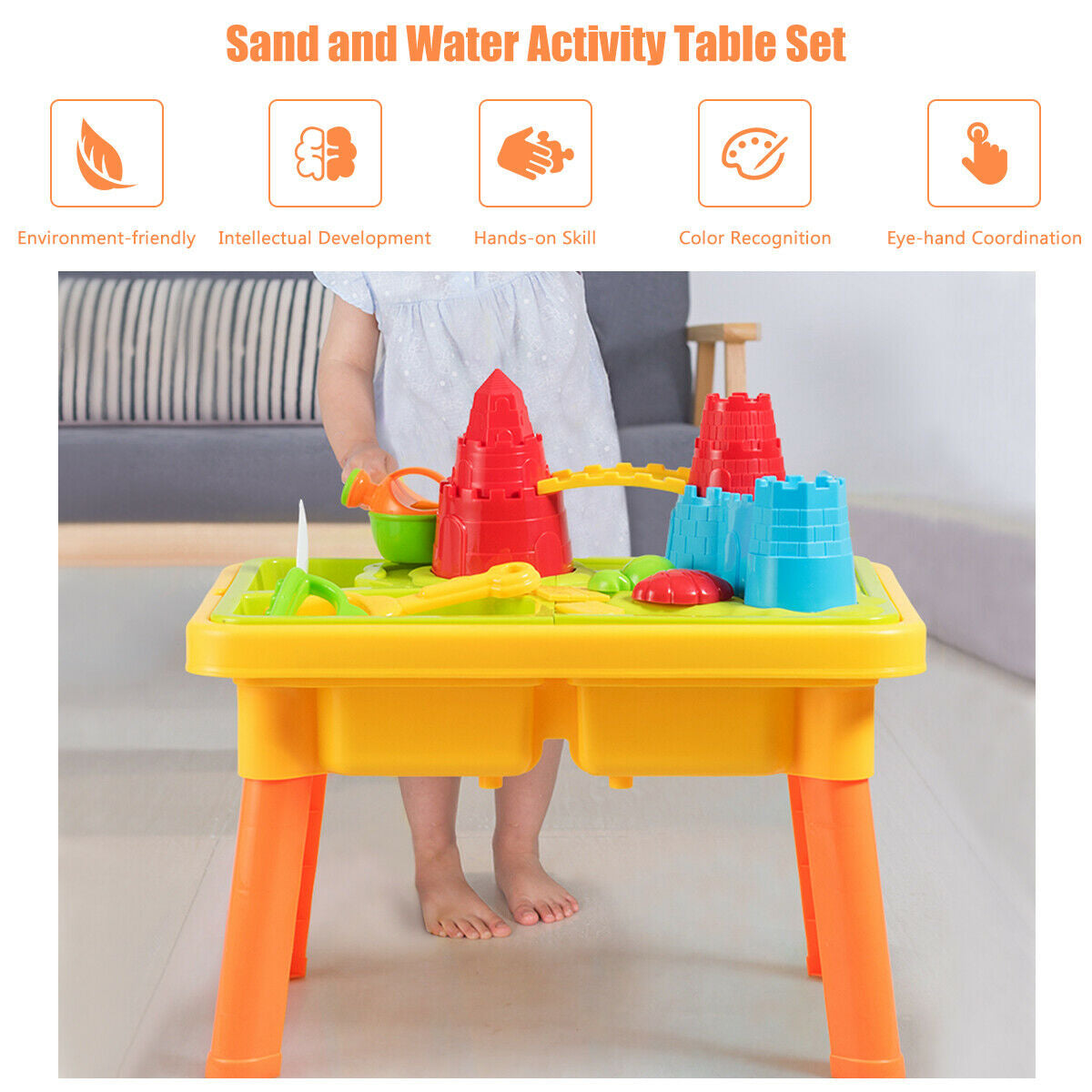 Sand and Water Play Table for Kids with Sand Castle MoldsÂ