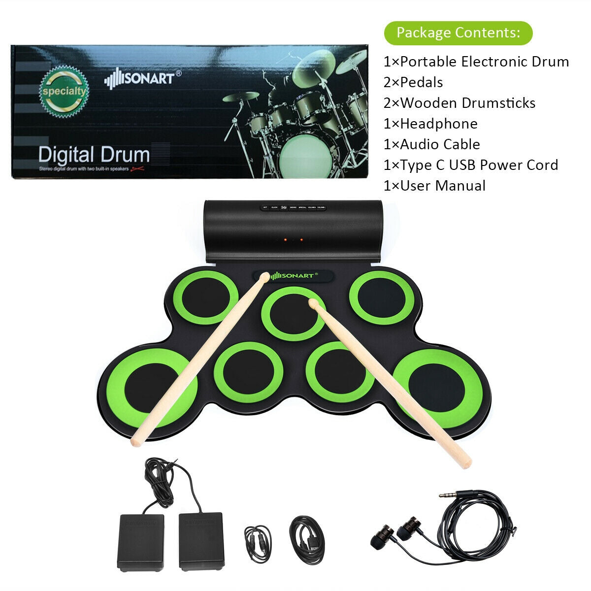 Set 7 Kit Electronic Roll Up Pads MIDI Drum -GreenÂ